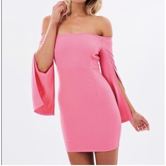 Bardot x Revolve Tulip Pink Ava Off Shoulder Mini Dress Split Sleeve Size 4 - Picture 1 of 9